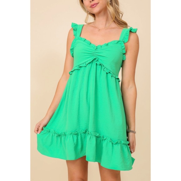 SOLD OUT Green Babydoll Ruffle Trimmed Mini Sleeveless Summer Vacation Casual - Picture 4 of 6